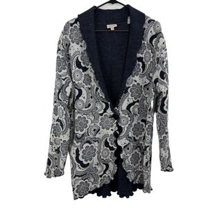 Venario Reversible Cardigan Sweater Womens XL Blue Paisley Wool Angora Scallop